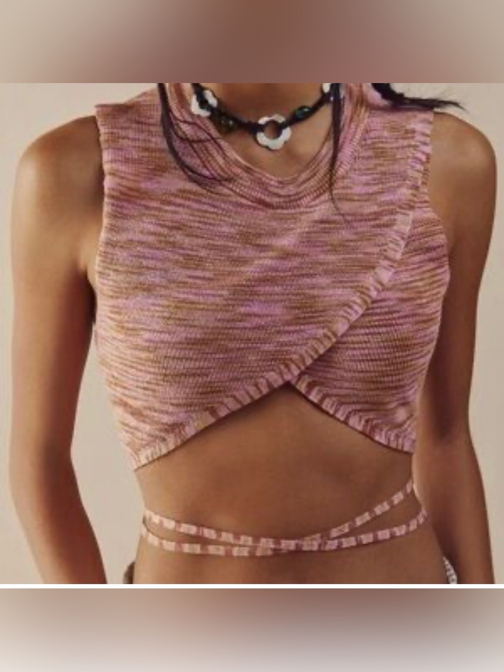 Free People Marled Pink & Tan Wrap-Front Knit Crop Top with Tie Waist
